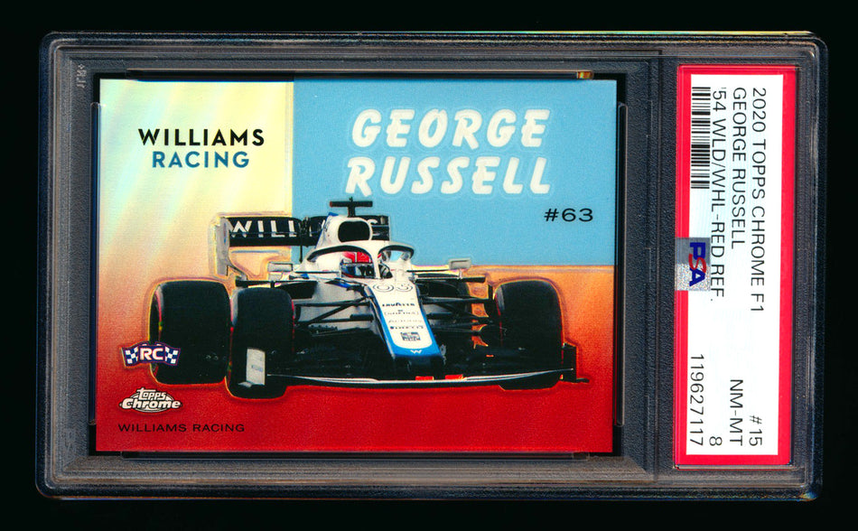 2020 Topps Chrome F1 1954 World on Wheels #54W-15 George Russell RC Red Refractor #4/5 PSA 8