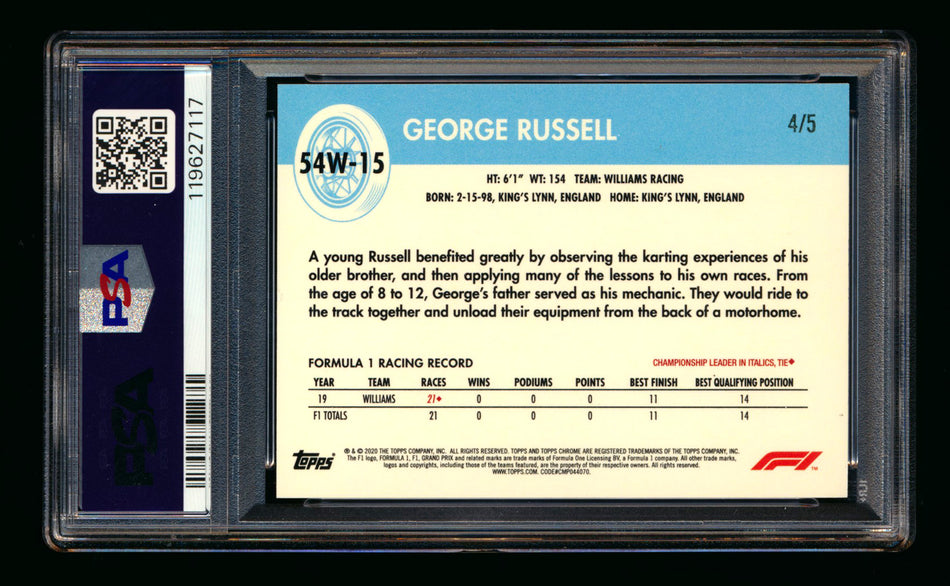 2020 Topps Chrome F1 1954 World on Wheels #54W-15 George Russell RC Red Refractor #4/5 PSA 8