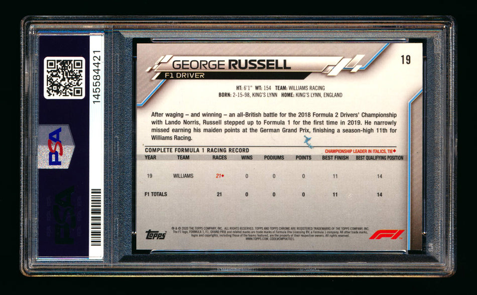 2020 Topps Chrome Sapphire F1 #19 George Russell RC Refractor Portrait PSA 9