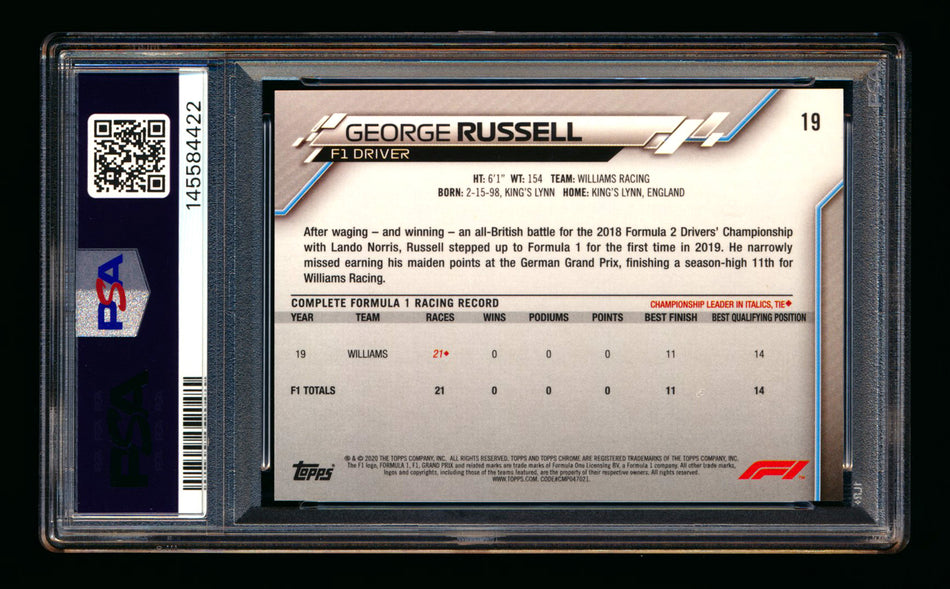 2020 Topps Chrome Sapphire F1 #19 George Russell RC Refractor Portrait PSA 10