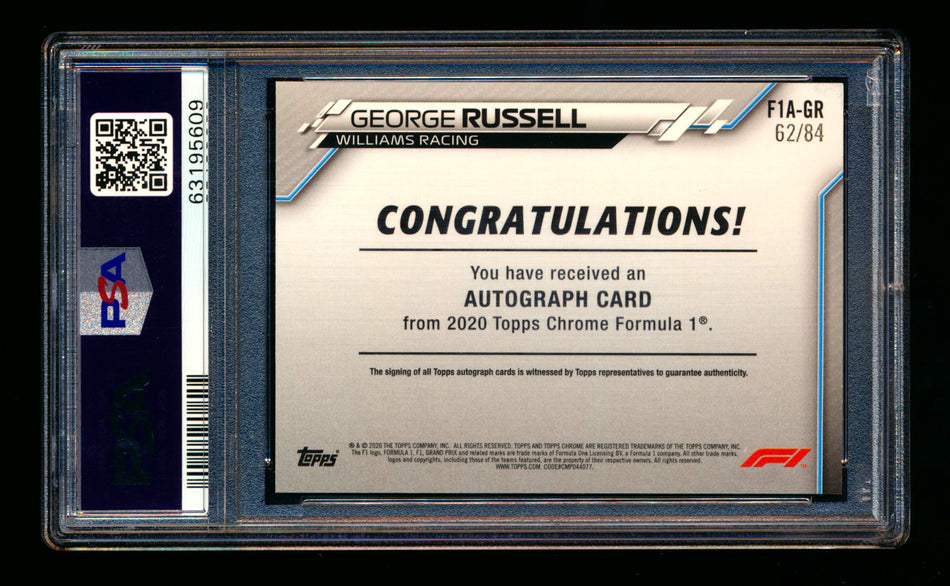 2020 Topps Chrome F1 #F1A-GR George Russell RC Refractor Autograph #62/84 PSA 8 DNA 10