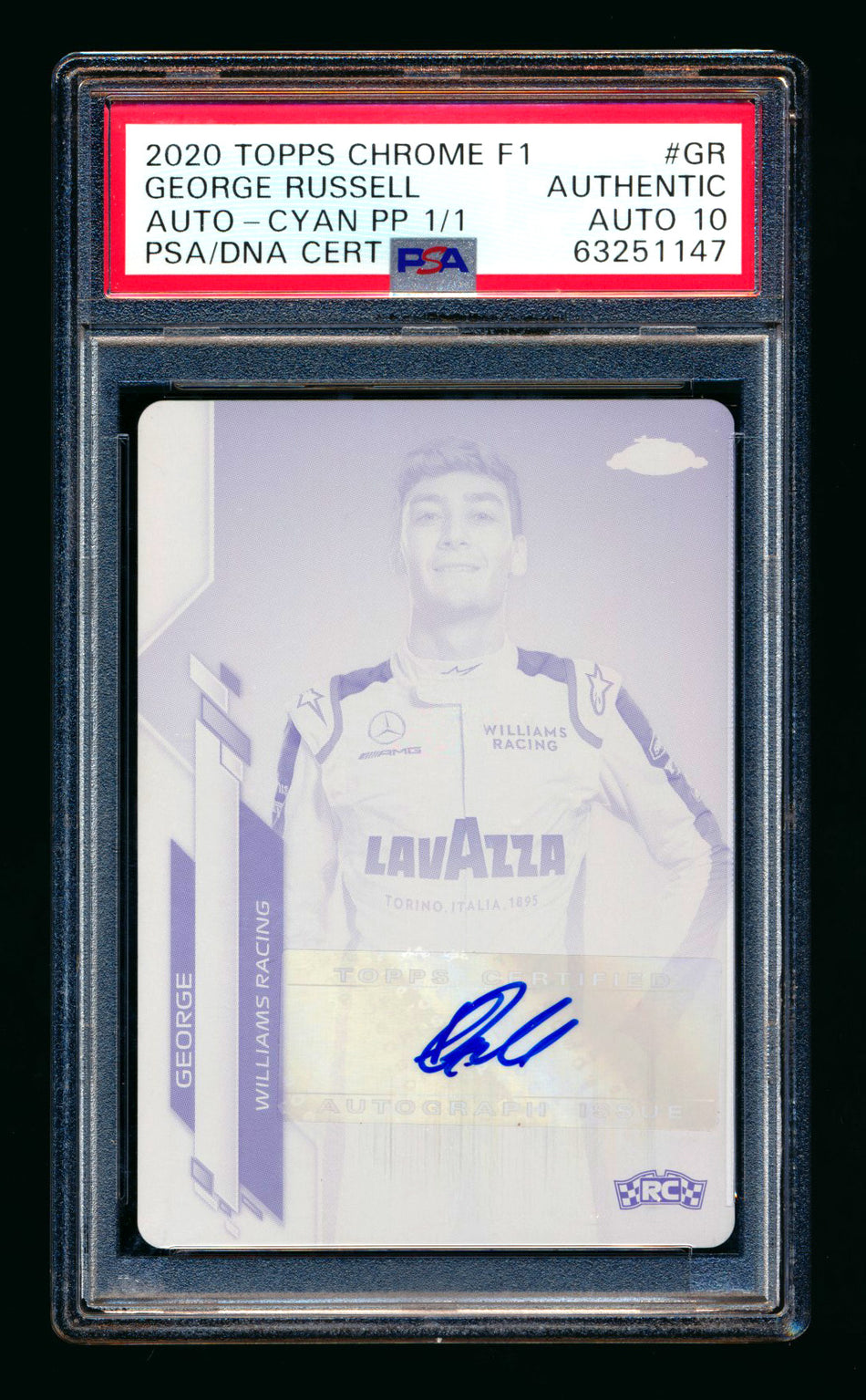2020 Topps Chrome F1 #F1A-GR George Russell RC Cyan Printing Plate Autograph #1/1 PSA Authentic DNA 10
