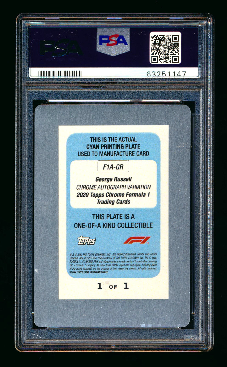 2020 Topps Chrome F1 #F1A-GR George Russell RC Cyan Printing Plate Autograph #1/1 PSA Authentic DNA 10
