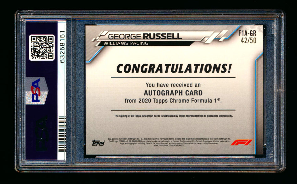 2020 Topps Chrome F1 #F1A-GR George Russell RC Gold Wave Refractor Autograph #42/50 PSA 9 ** (SOLD eBay - $3,495.00 - 3/11/2026) **