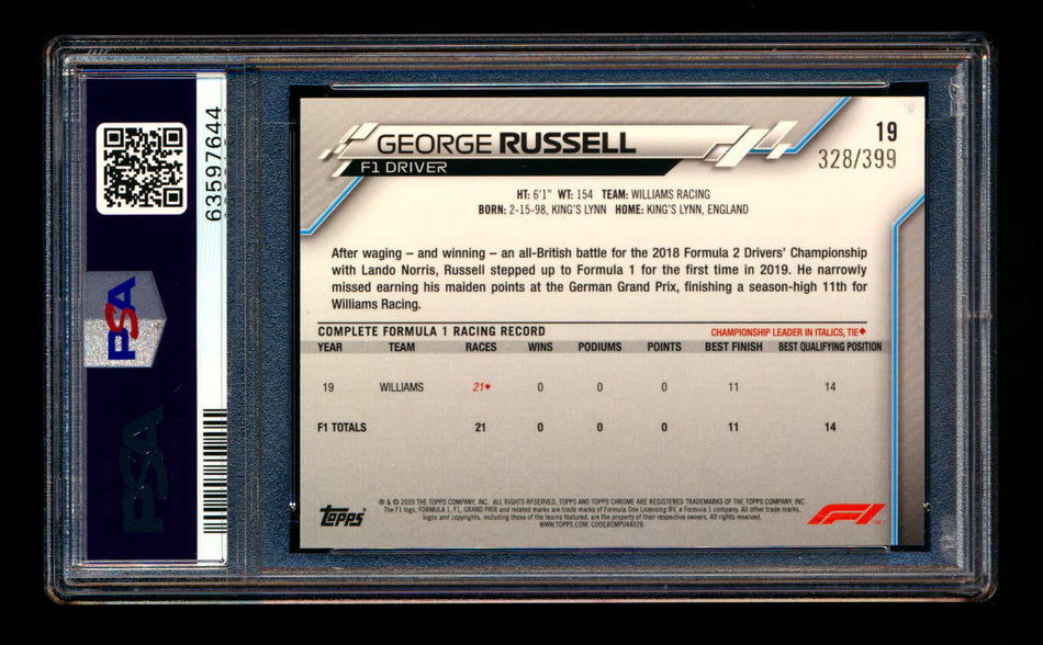 2020 Topps Chrome F1 #19 George Russell RC Purple Refractor Portrait #328/399 PSA 9