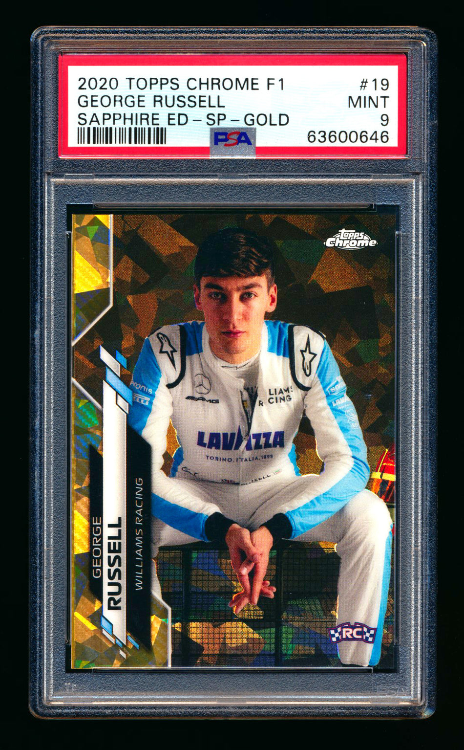 2020 Topps Chrome Sapphire F1 #19 George Russell RC Gold Refractor Image Variation SP #03/50 PSA 9