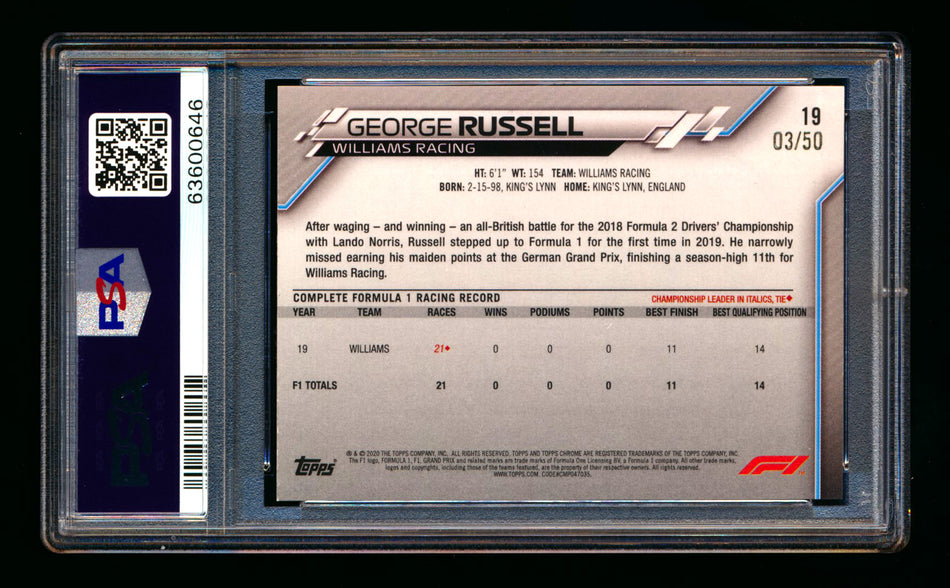 2020 Topps Chrome Sapphire F1 #19 George Russell RC Gold Refractor Image Variation SP #03/50 PSA 9