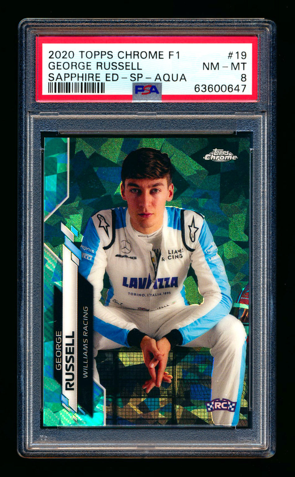 2020 Topps Chrome Sapphire F1 #19 George Russell RC Aqua Refractor Image Variation SP #45/99 PSA 8