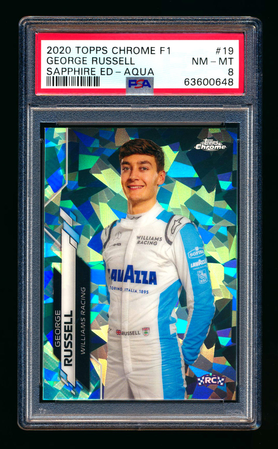 2020 Topps Chrome Sapphire F1 #19 George Russell RC Aqua Refractor Portrait #03/99 PSA 8