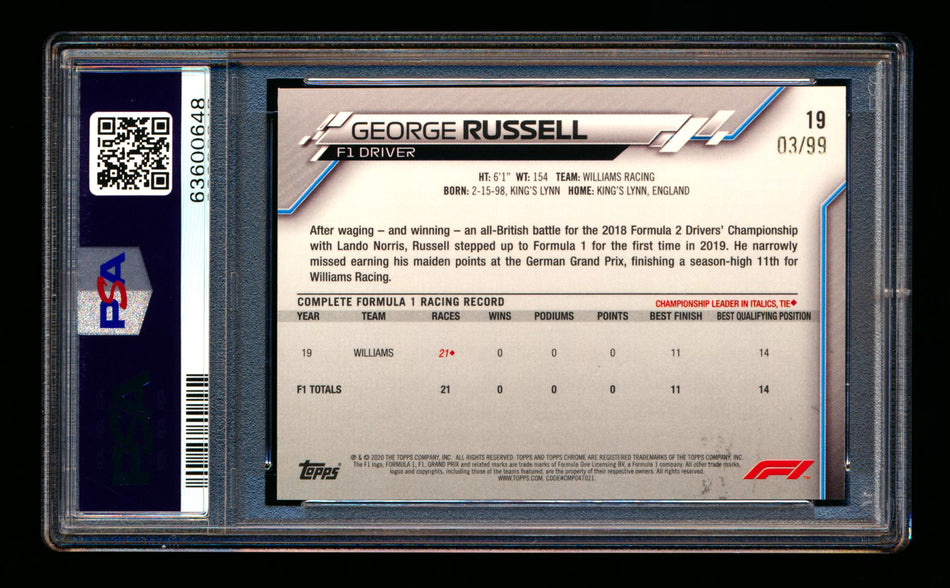 2020 Topps Chrome Sapphire F1 #19 George Russell RC Aqua Refractor Portrait #03/99 PSA 8