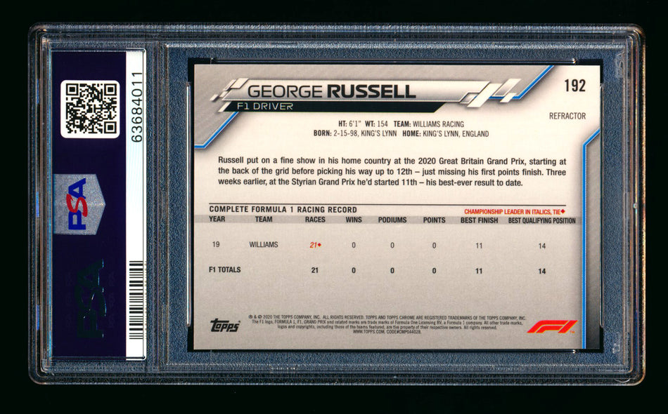 2020 Topps Chrome F1 #192 George Russell RC Refractor PSA 9