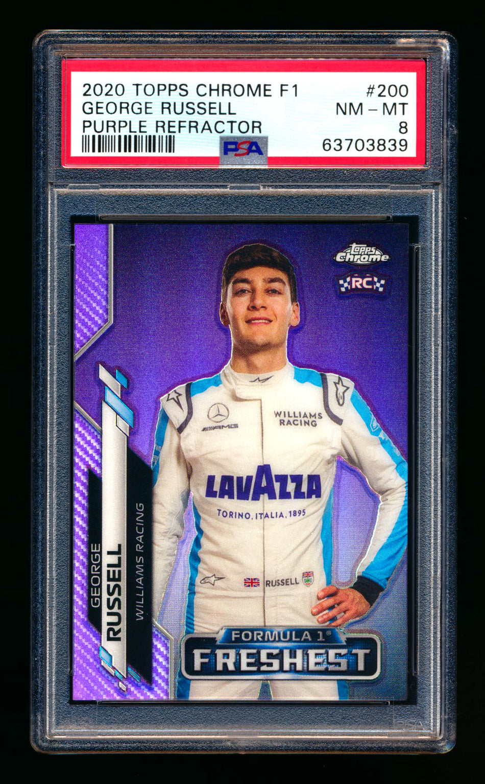 2020 Topps Chrome F1 #200 George Russell RC Purple Refractor #373/399 PSA 8