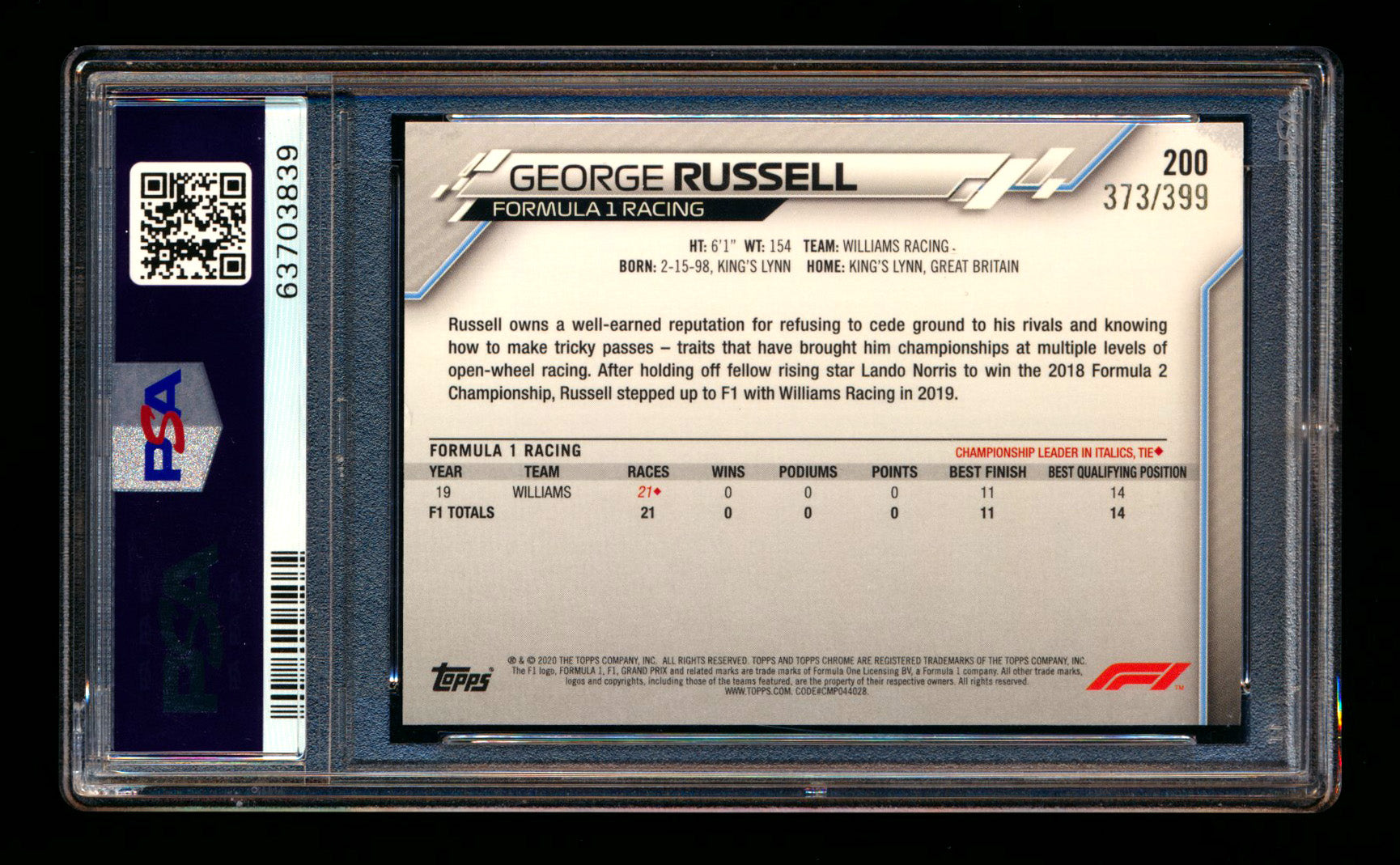 2020 Topps Chrome F1 #200 George Russell RC Purple Refractor #373 