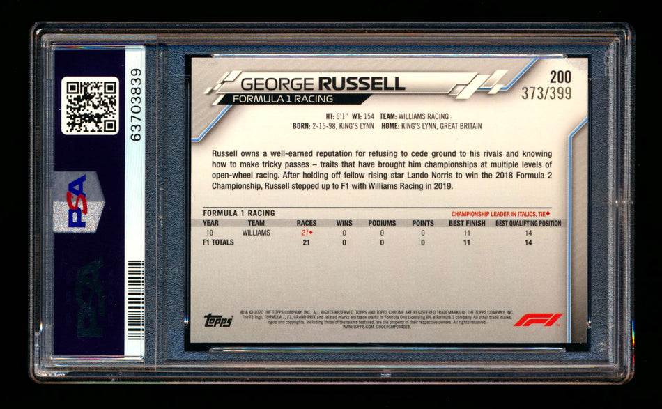 2020 Topps Chrome F1 #200 George Russell RC Purple Refractor #373/399 PSA 8