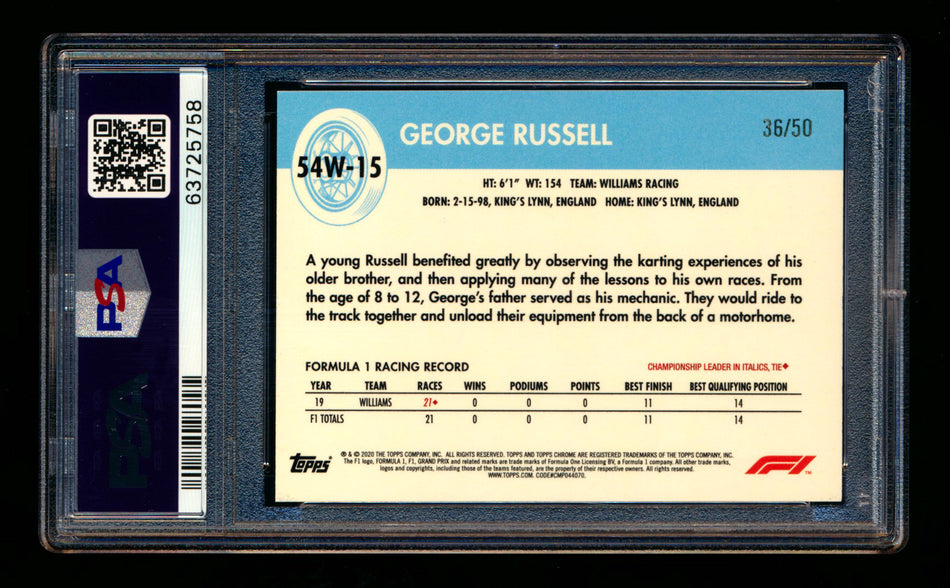 2020 Topps Chrome F1 1954 World on Wheels #54W-15 George Russell RC Gold Refractor #36/50 PSA 10