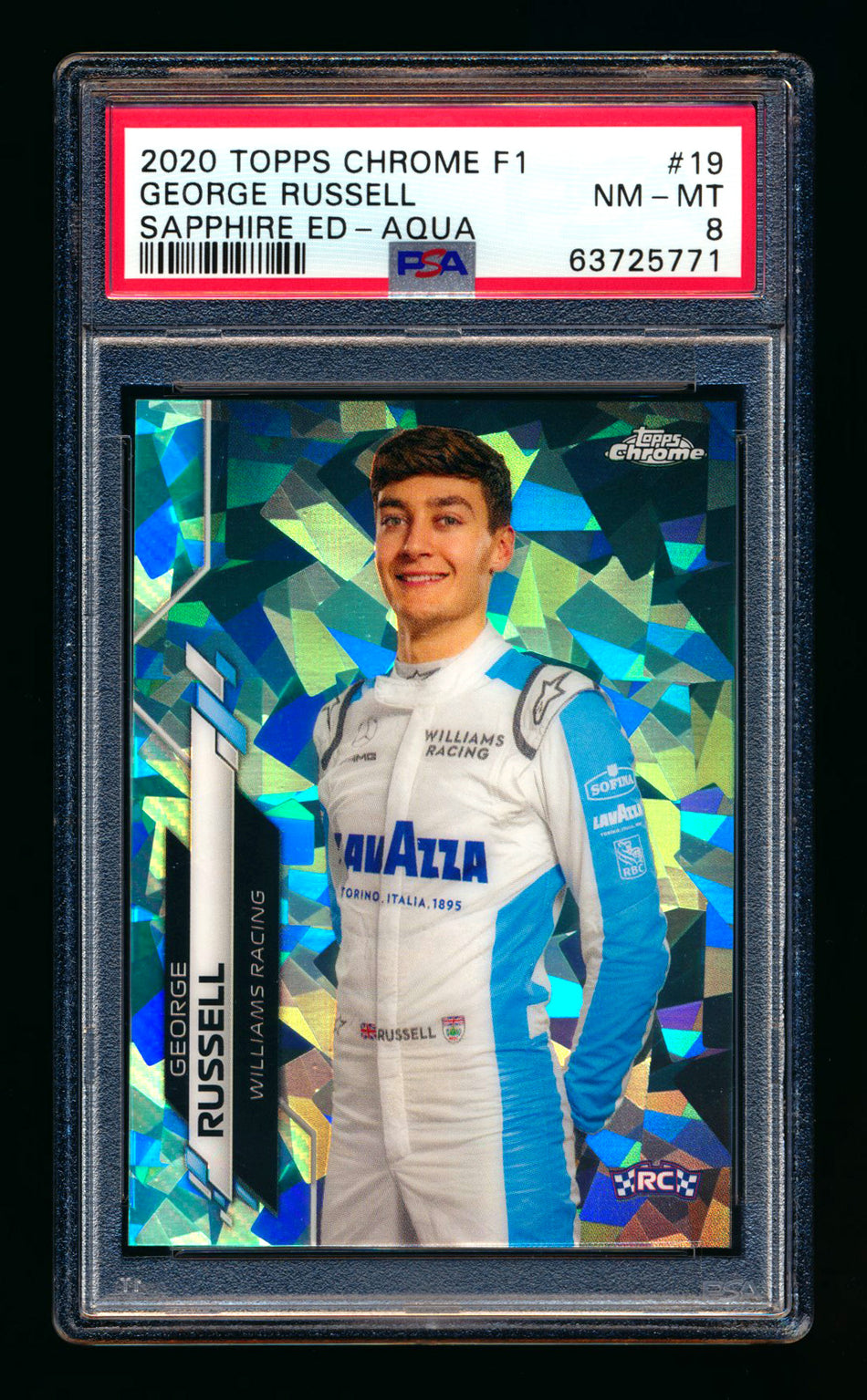 2020 Topps Chrome Sapphire F1 #19 George Russell RC Aqua Refractor Portrait #87/99 PSA 8