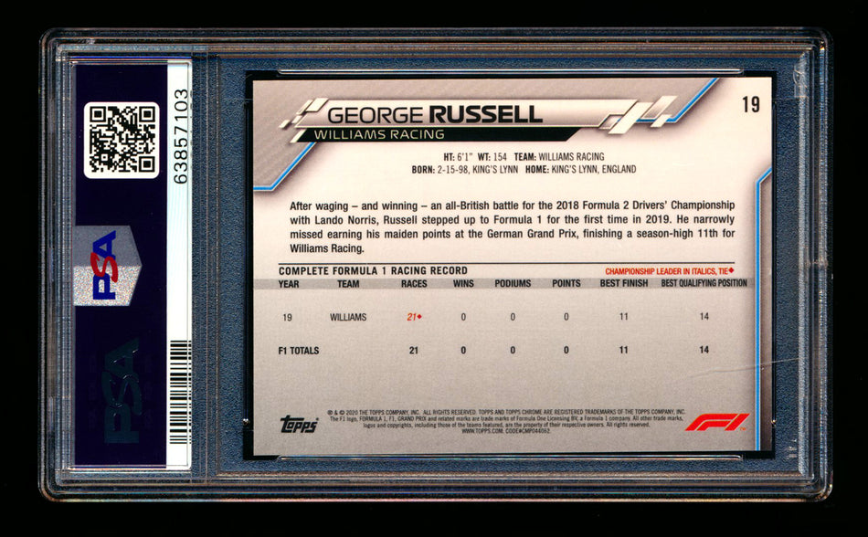 2020 Topps Chrome F1 #19 George Russell RC Refractor Image Variation SP PSA 9