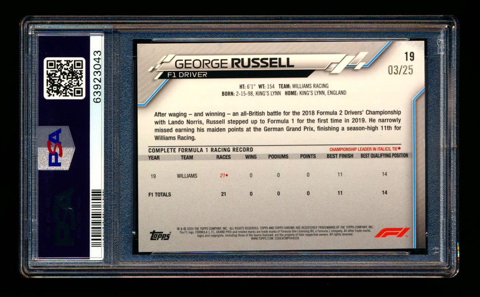 2020 Topps Chrome F1 #19 George Russell RC Orange Refractor Portrait #03/25 PSA 8