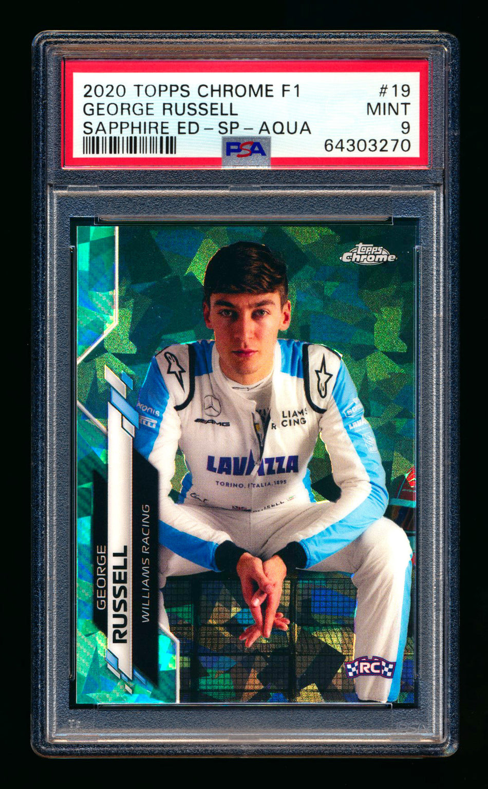 2020 Topps Chrome Sapphire F1 #19 George Russell RC Aqua Refractor Image Variation SP #40/99 PSA 9