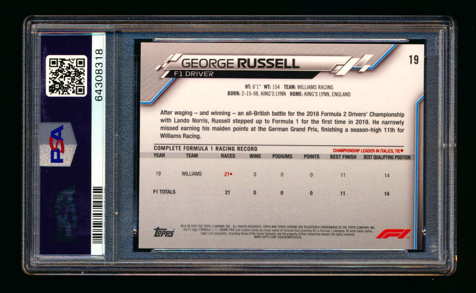 2020 Topps Chrome F1 #19 George Russell RC Portrait PSA 10