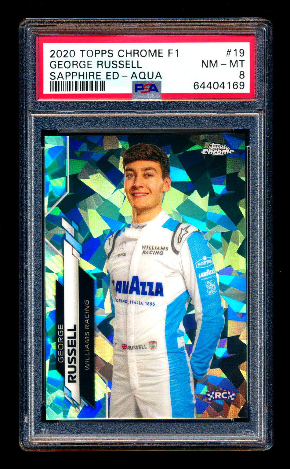 2020 Topps Chrome Sapphire F1 #19 George Russell RC Aqua Refractor Portrait #28/99 PSA 8 ** (SOLD eBay - $249.00 - 10/11/2025) **