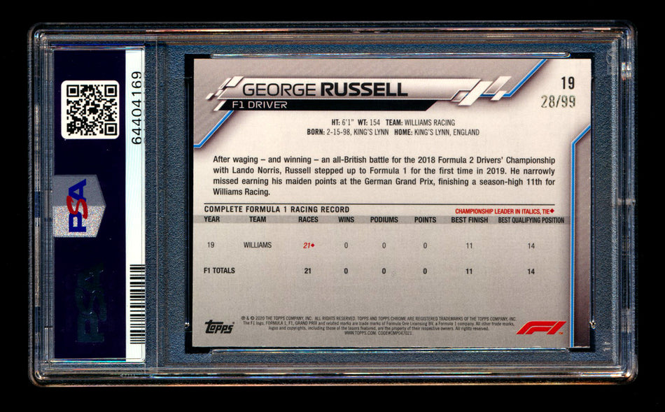 2020 Topps Chrome Sapphire F1 #19 George Russell RC Aqua Refractor Portrait #28/99 PSA 8 ** (SOLD eBay - $249.00 - 10/11/2025) **
