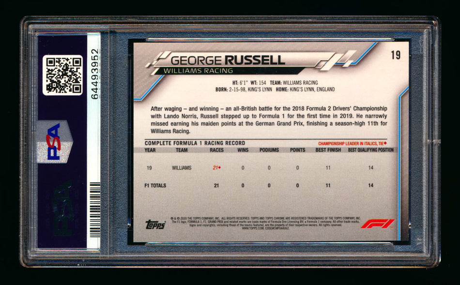 2020 Topps Chrome F1 #19 George Russell RC Refractor Image Variation SP PSA 9