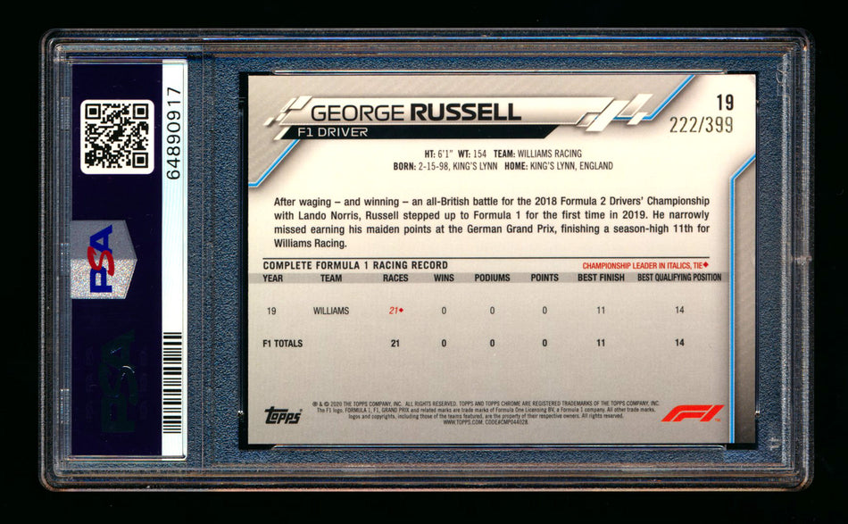 2020 Topps Chrome F1 #19 George Russell RC Purple Refractor Portrait #222/399 PSA 8