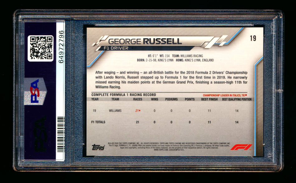 2020 Topps Chrome Sapphire F1 #19 George Russell RC Refractor Portrait PSA 10 ** (SOLD eBay - $89.00 - 8/27/2025) **