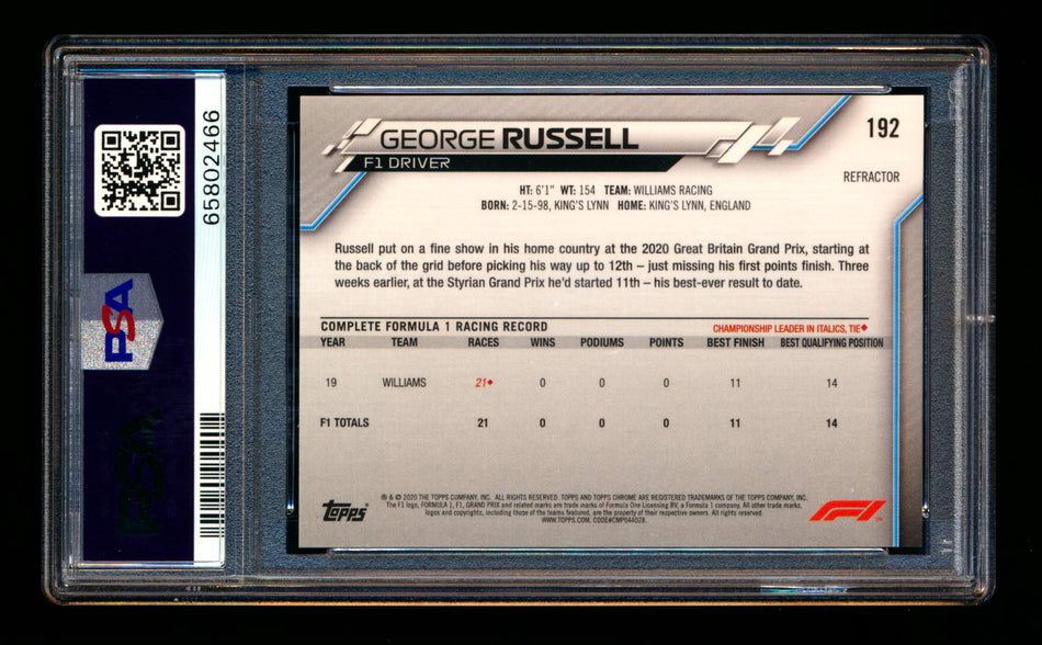 2020 Topps Chrome F1 #192 George Russell RC Refractor PSA 10 ** (SOLD eBay - $100.00 - 9/27/2025) **