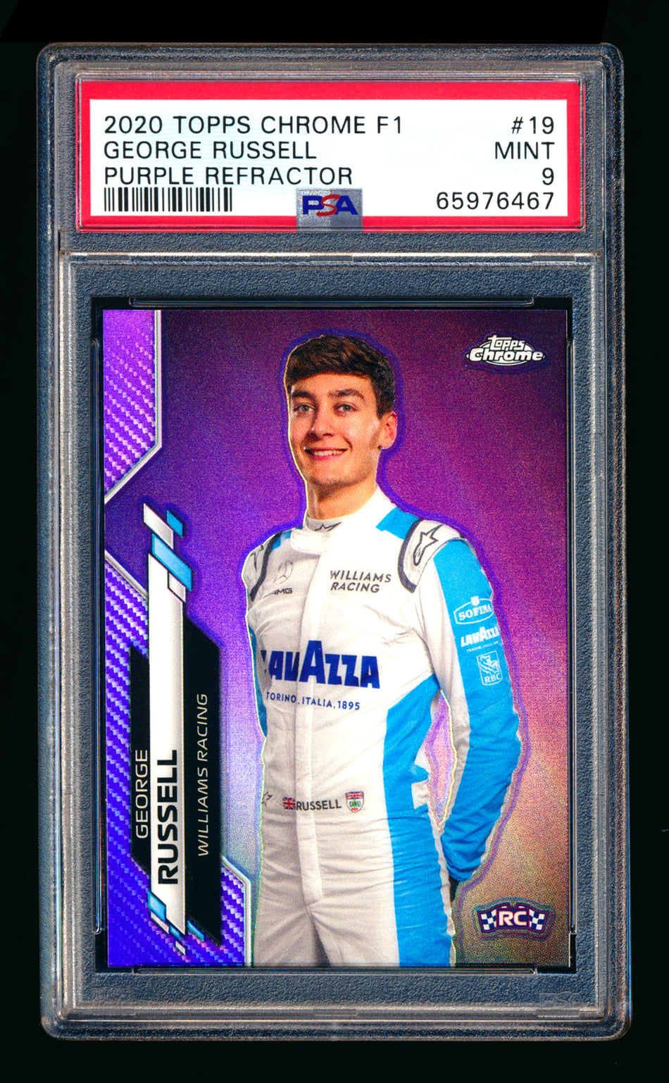 2020 Topps Chrome F1 #19 George Russell RC Purple Refractor Portrait #123/399 PSA 9