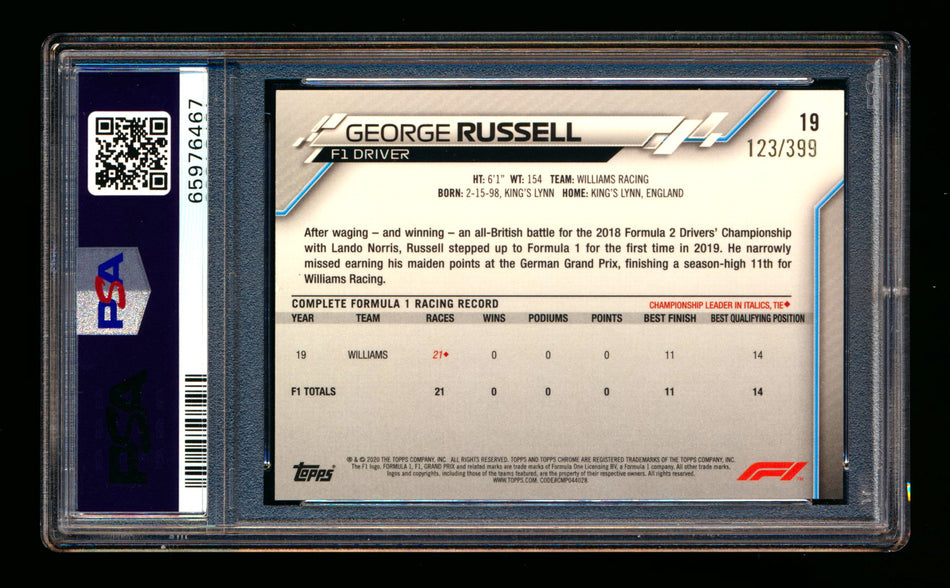 2020 Topps Chrome F1 #19 George Russell RC Purple Refractor Portrait #123/399 PSA 9