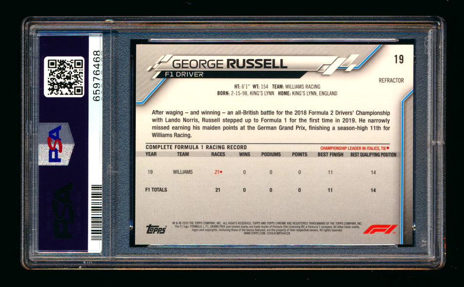 2020 Topps Chrome F1 #19 George Russell RC Refractor Portrait PSA 10
