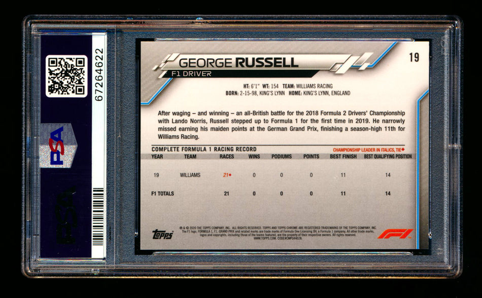 2020 Topps Chrome F1 #19 George Russell RC Portrait PSA 9