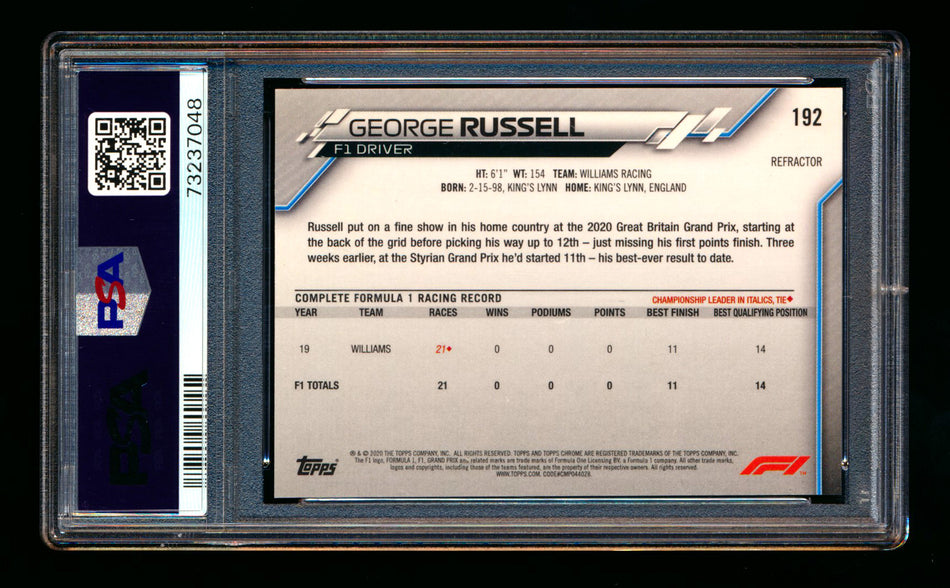 2020 Topps Chrome F1 #192 George Russell RC Refractor PSA 9 ** (SOLD - $50.00 - 3/16/2025) **