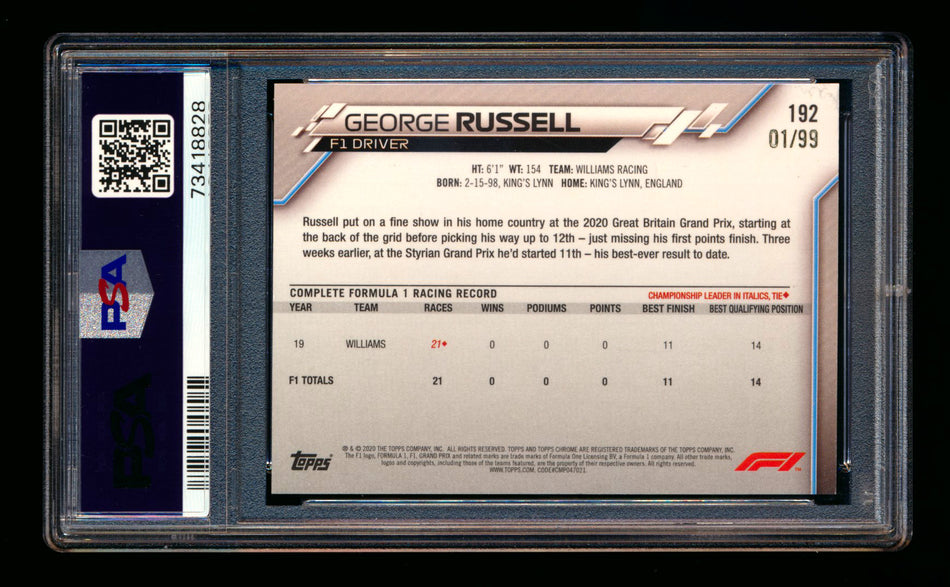 2020 Topps Chrome Sapphire F1 #192 George Russell RC Aqua Refractor #01/99 PSA 9 (First #!)