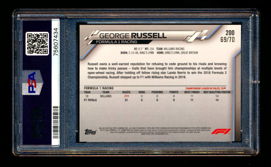 2020 Topps Chrome Sapphire F1 #200 George Russell RC 70th Silver Refractor #69/70 PSA 8