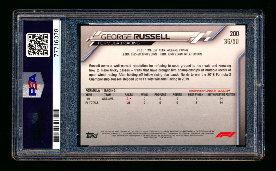 2020 Topps Chrome Sapphire F1 #200 George Russell RC Gold Refractor #36/50 PSA 10 - POP 1! ** (SOLD eBay - $950.00 - 3/10/2025) **