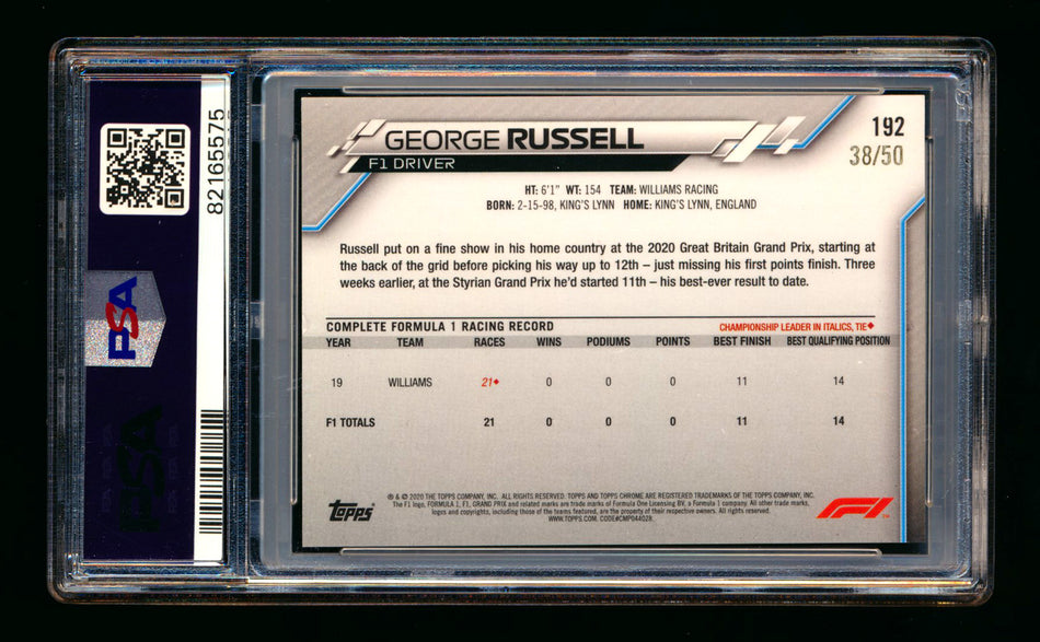 2020 Topps Chrome F1 #192 George Russell RC Gold Refractor #38/50 PSA 8 ** (SOLD - $125.00 - 8/22/2025) **