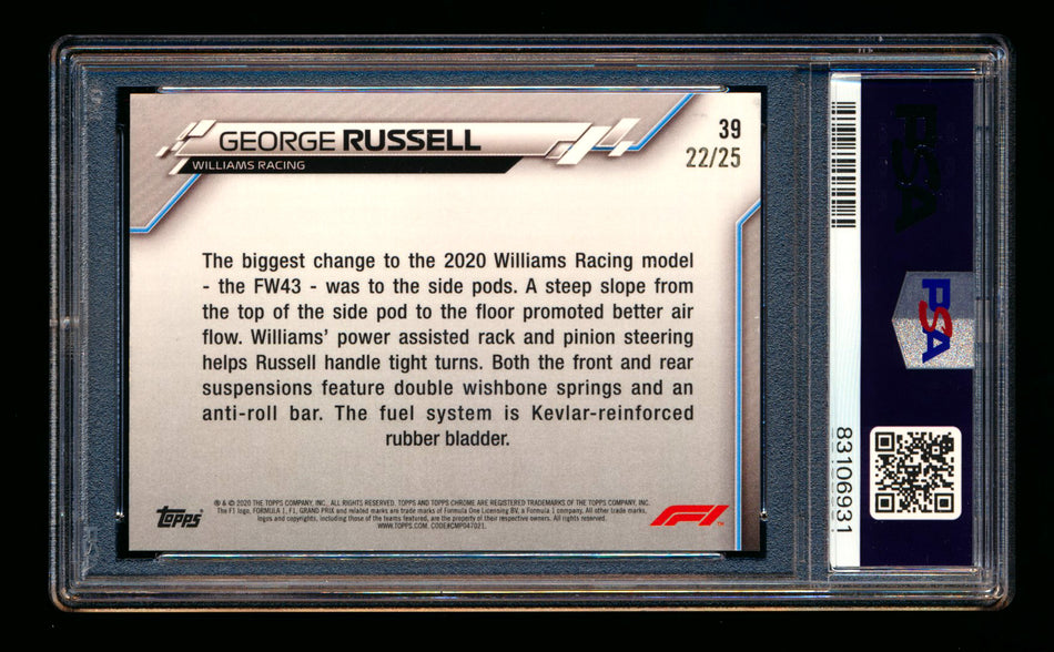 2020 Topps Chrome Sapphire F1 #39 George Russell RC Orange Refractor #22/25 PSA 8