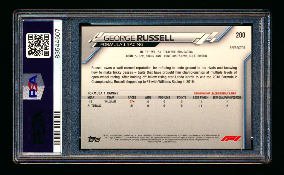 2020 Topps Chrome F1 #200 George Russell RC Refractor PSA 10 ** (SOLD eBay - $100.00 - 9/27/2025) **