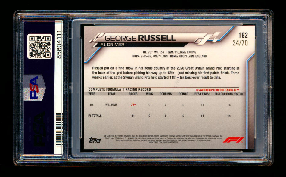 2020 Topps Chrome Sapphire F1 #192 George Russell RC 70th Silver Refractor #34/70 PSA 9