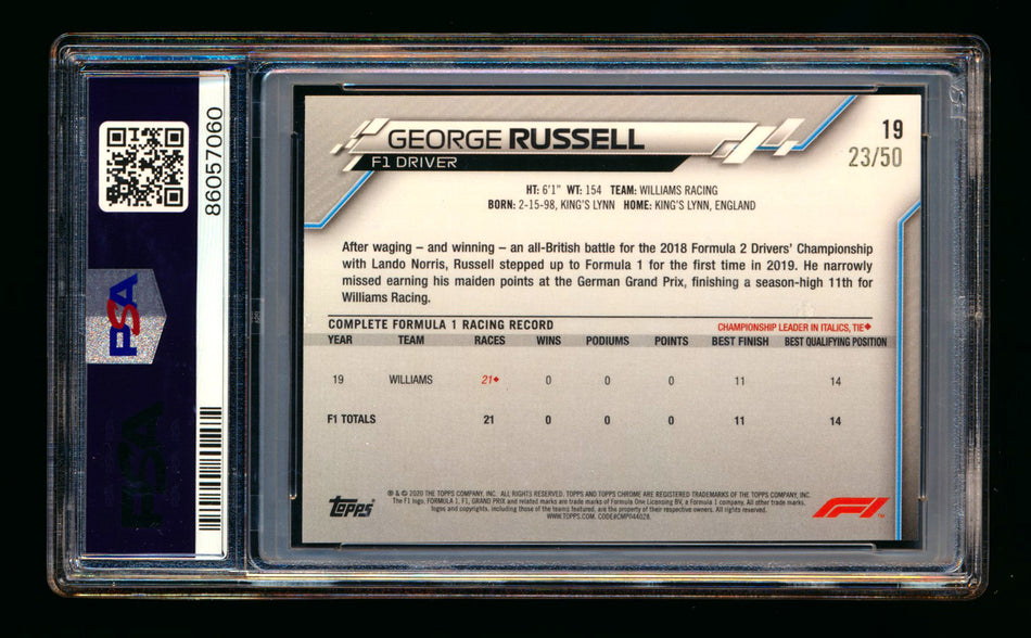 2020 Topps Chrome F1 #19 George Russell RC Gold Refractor Portrait #23/50 PSA 8 ** (SOLD - $625.00 - 2/8/2025) **