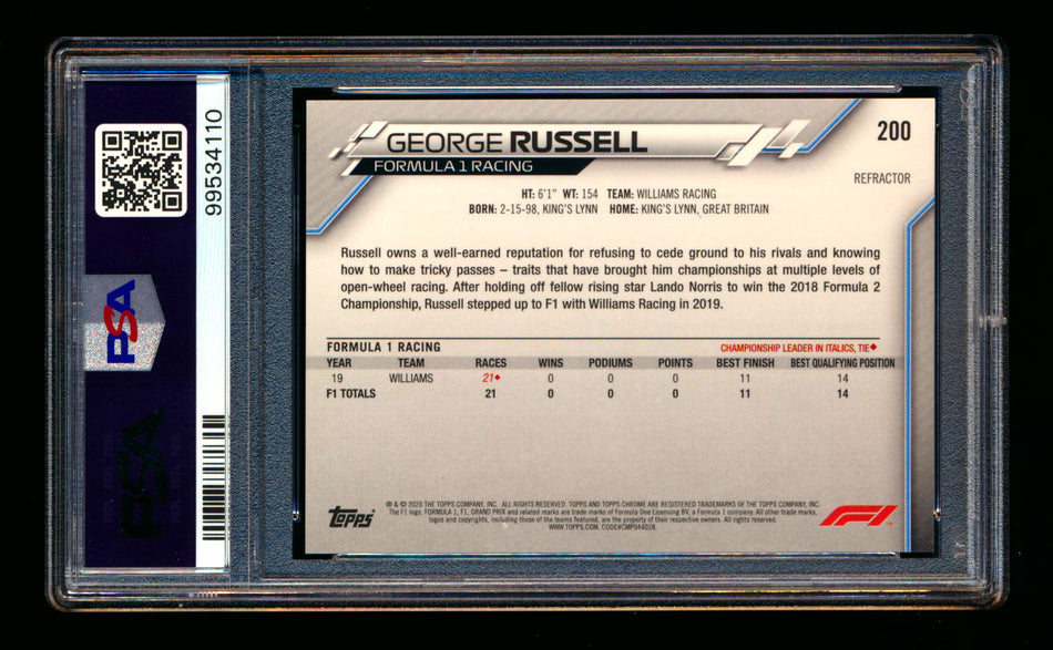 2020 Topps Chrome F1 #200 George Russell RC Refractor PSA 10