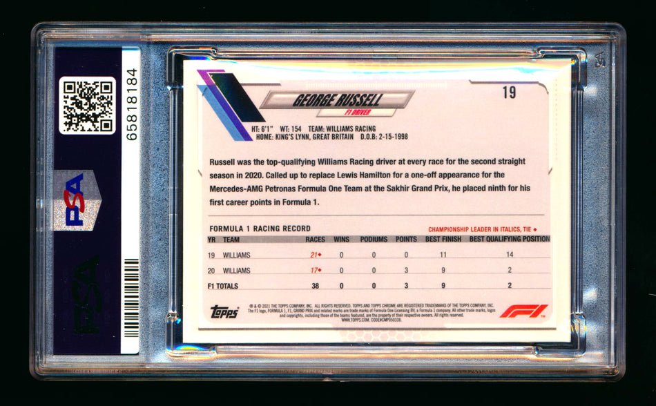 2021 Topps Chrome Sapphire F1 #19 George Russell Refractor Portrait PSA 10