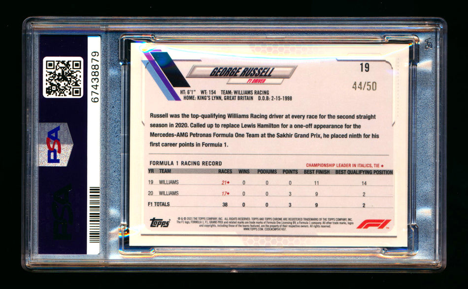 2021 Topps Chrome F1 #19 George Russell Gold Refractor Portrait #44/50 PSA 10
