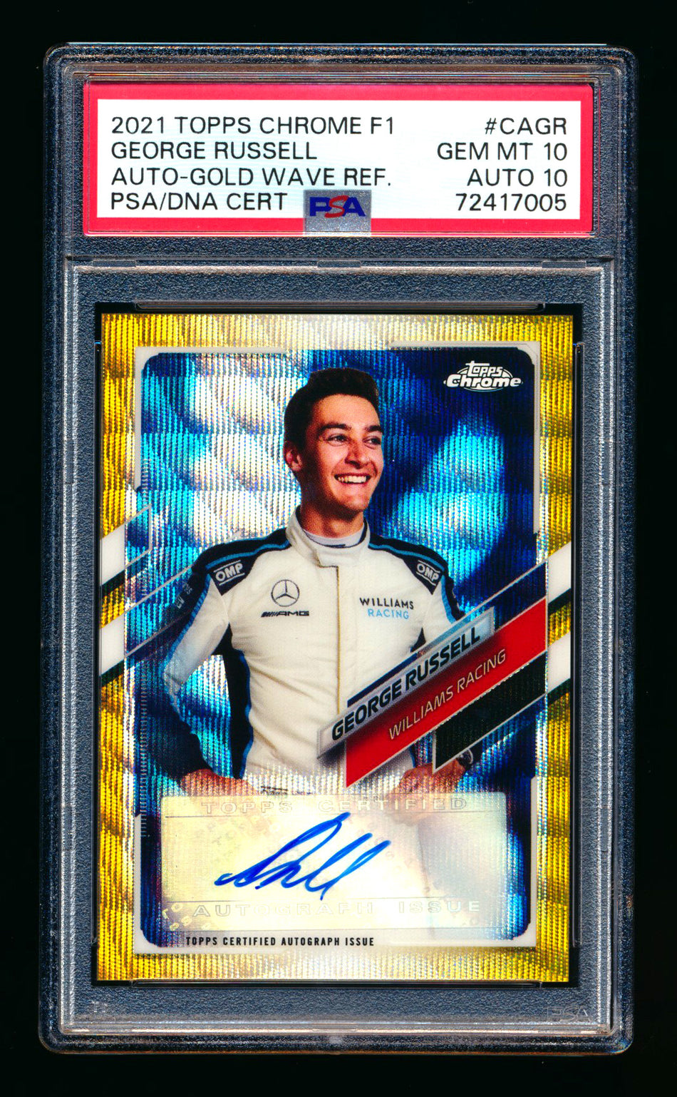 2021 Topps Chrome F1 #CA-GR George Russell Gold Wave Refractor Autograph #23/50 PSA 10 DNA 10