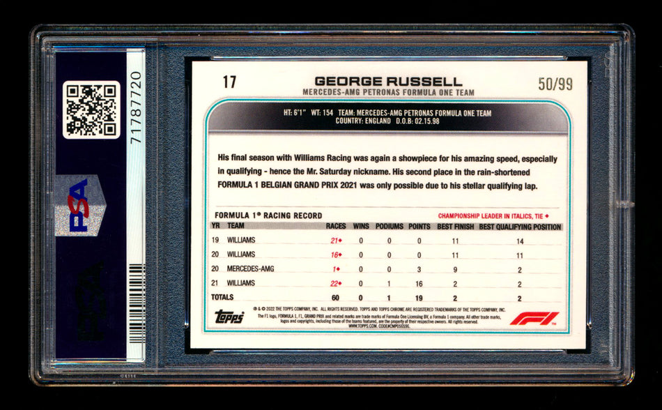 2022 Topps Chrome F1 #17 George Russell Green Refractor Portrait #50/99 PSA 10
