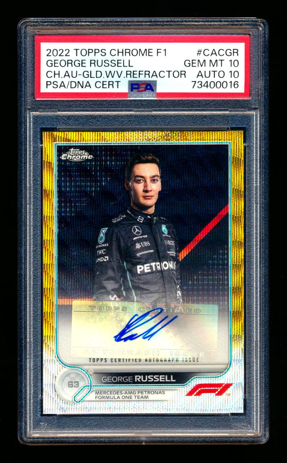 2022 Topps Chrome F1 #CAC-GR George Russell Gold Wave Refractor Autograph #09/50 PSA 10 DNA 10