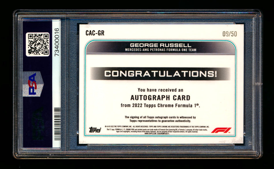 2022 Topps Chrome F1 #CAC-GR George Russell Gold Wave Refractor Autograph #09/50 PSA 10 DNA 10